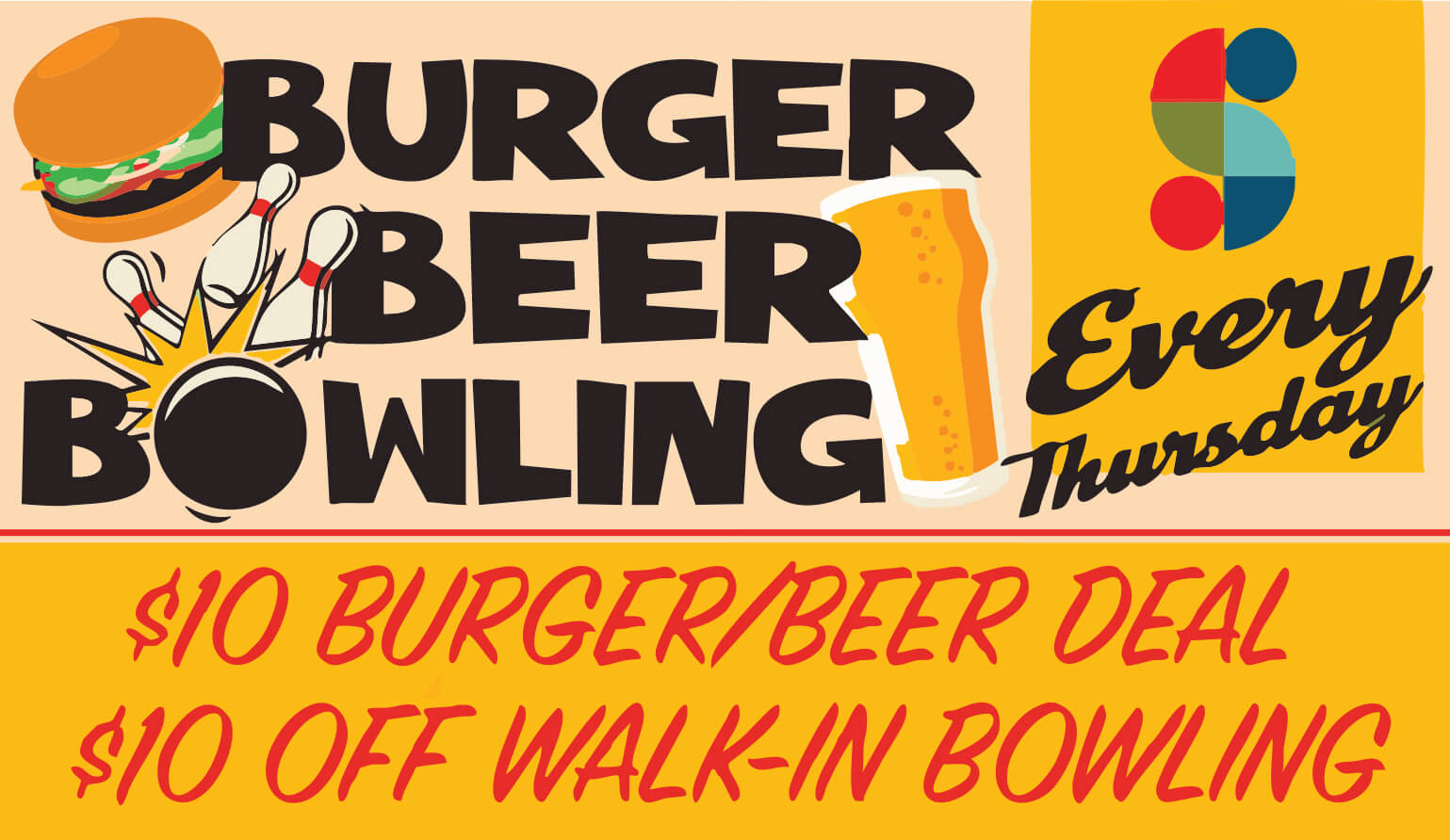Ad for Socibowl's burger and bowling special on Thursdays