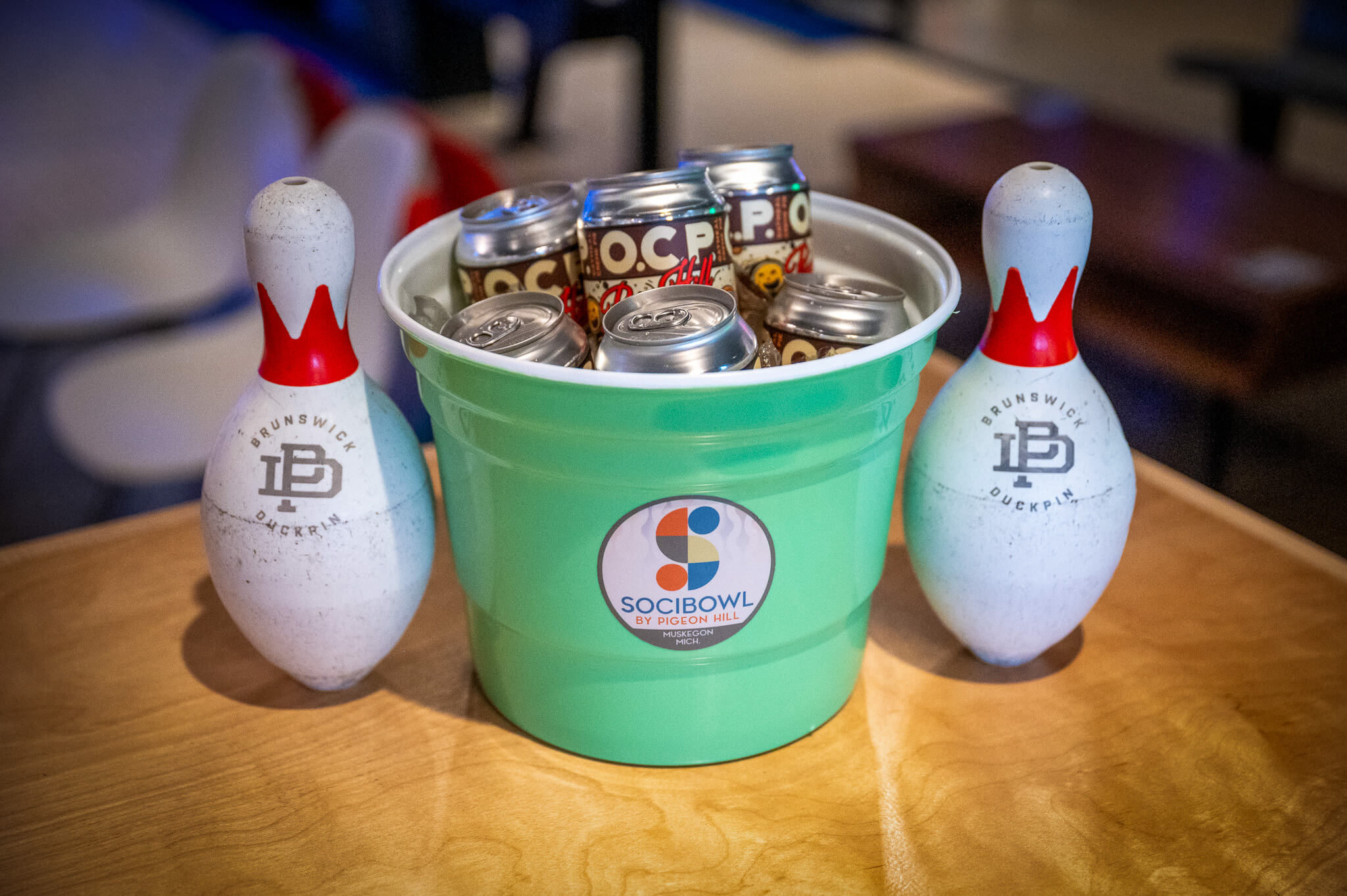 Bucket of beer on the bar at Socibowl in Muskegon